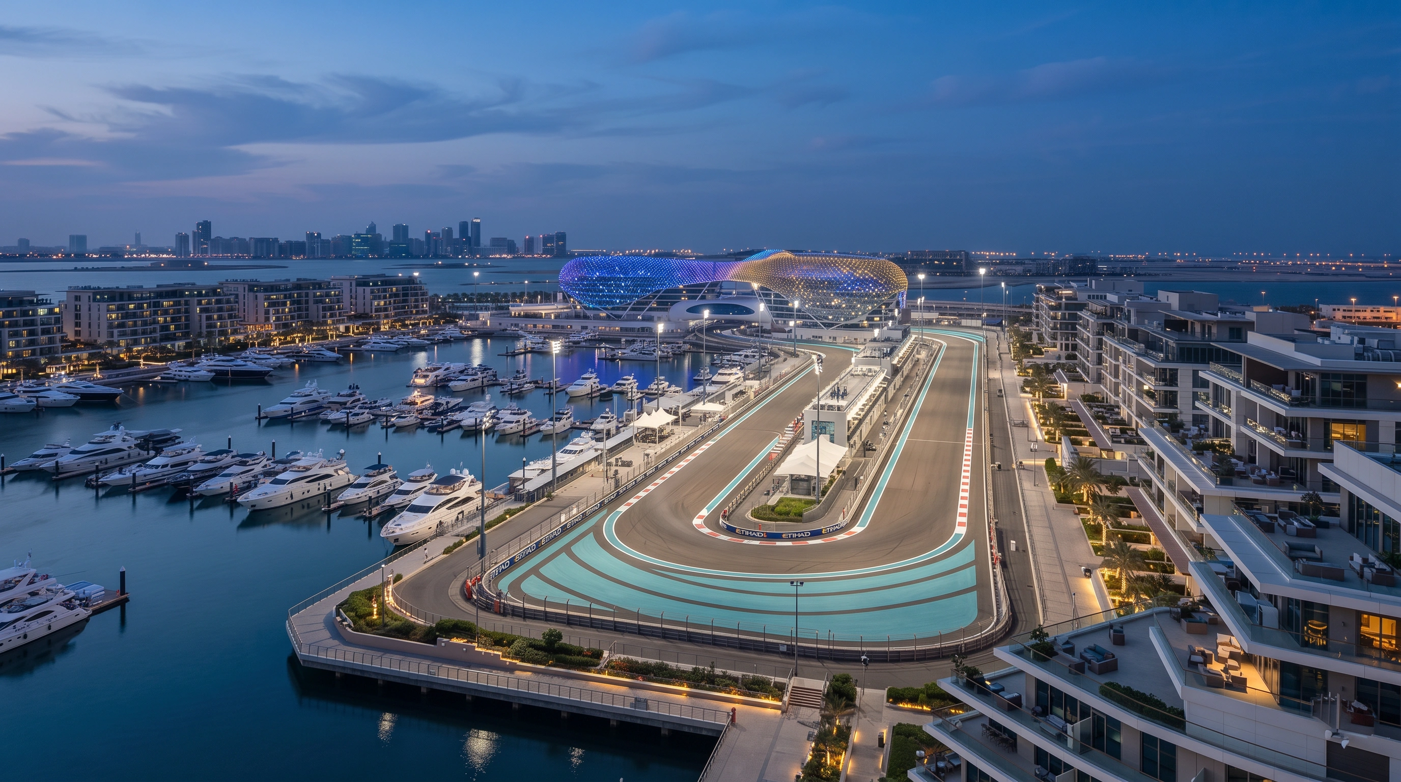 Yas Marina Circuit and luxury yachts during Abu Dhabi Grand Prix week